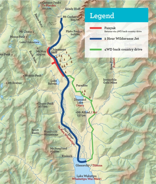 Map of the Dart River and surrounding area showing the routes of the Wilderness Jet boat experience and Funyak tour
