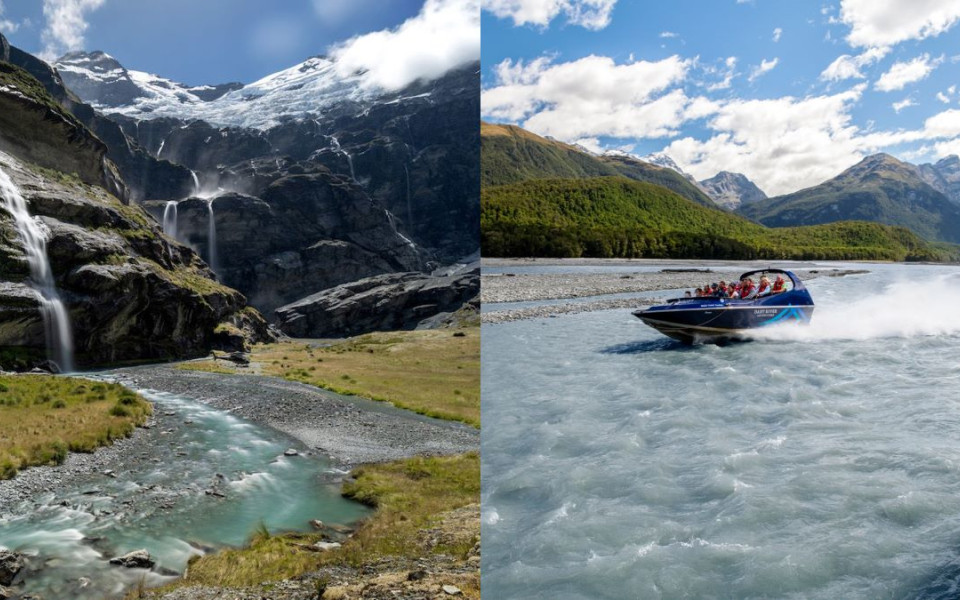Photo of a helicopter in a valley with mountains, river and waterfalls surronding, and a photo of a jet boat driving on the Dart River
