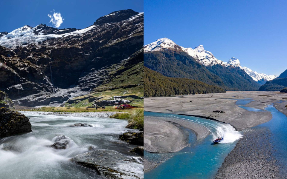 Photo of a helicopter in a valley with mountains, river and waterfalls surronding, and a photo of a jet boat driving on the Dart River