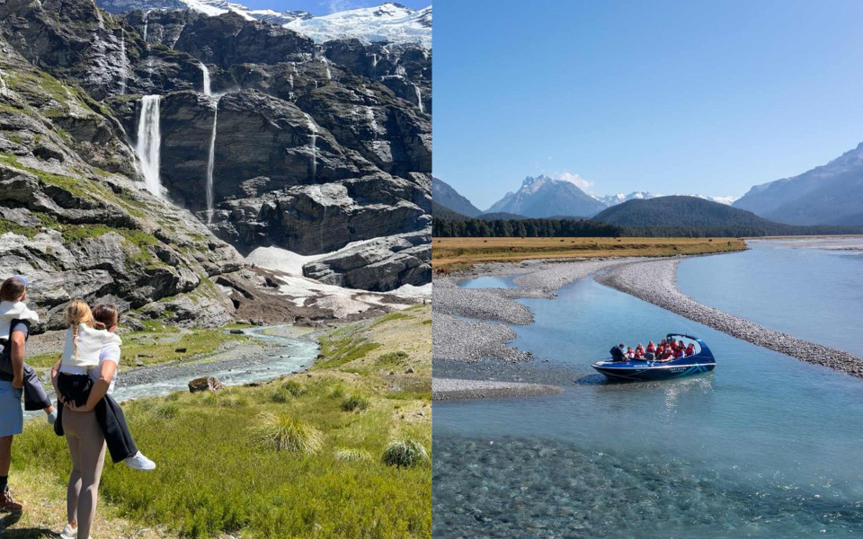 Paradise Wilderness Experience combo image of family looking at scenic view and jet boat on the Dart River