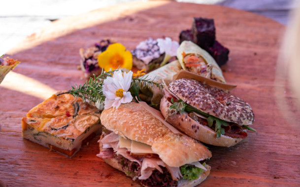 Lunch board with sandwhich, bagel and slices.