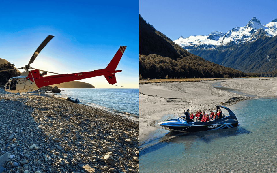 Path of Pounamu combo image of helicopter parked on a rocky beach and jet boat on the Dart River